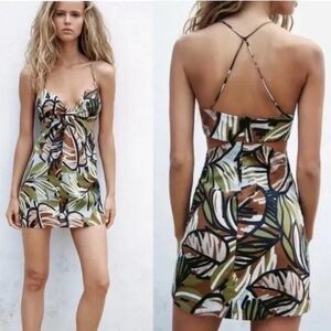 Zara Green brown tropical leaf print cut out spaghetti strap short mini dress S